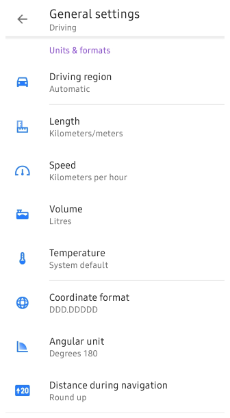 Profiles General Settings Units &amp; formats Android