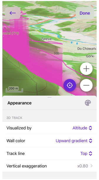 Menú de apariencia de la pista Visualización 3D