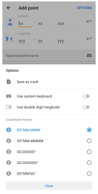 Menu Options de saisie de coordonnées Android