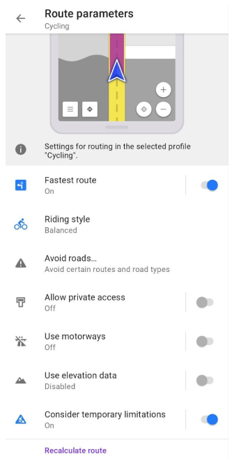 Paramètres d&#39;itinéraire à vélo