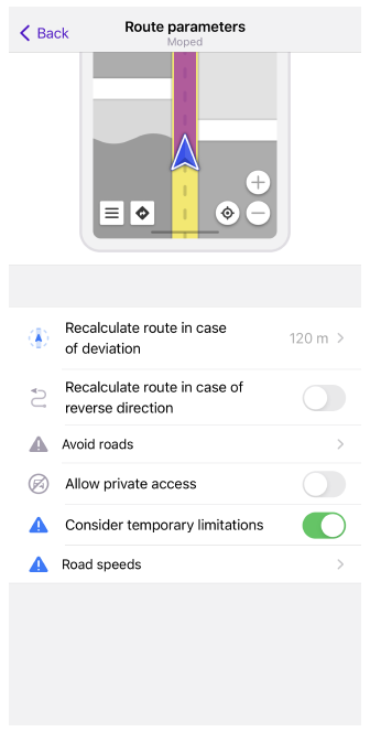 Paramètres d&#39;itinéraire en cyclomoteur iOS