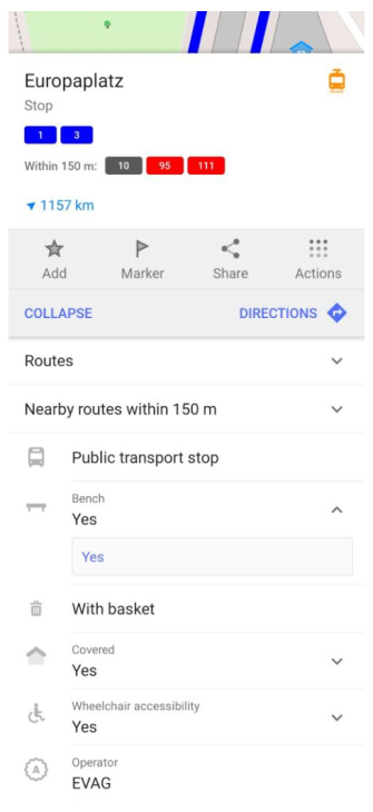 Détails du menu Itinéraire Transports en commun Android