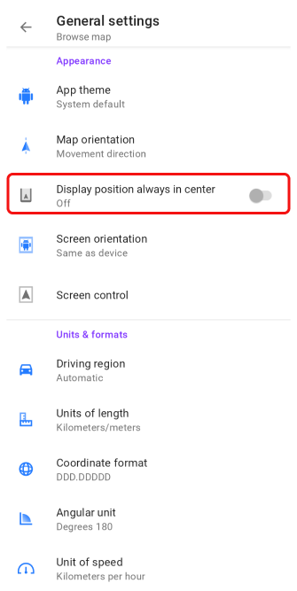 Position d&#39;affichage Android