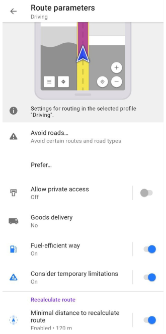 Paramètres de guidage routier en voiture Android