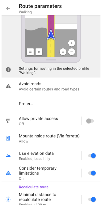 Paramètres de guidage piéton Android 2