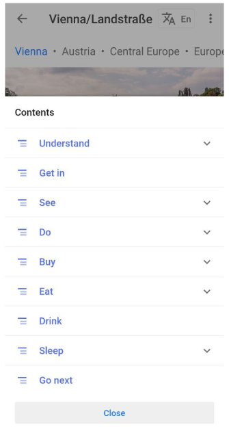 Menu du sommaire des guides de voyage
