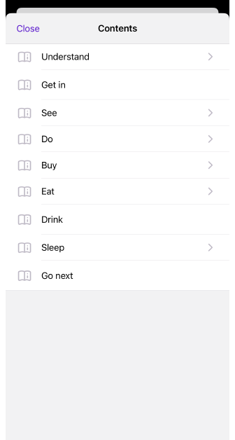 Menu de recherche des guides de voyage
