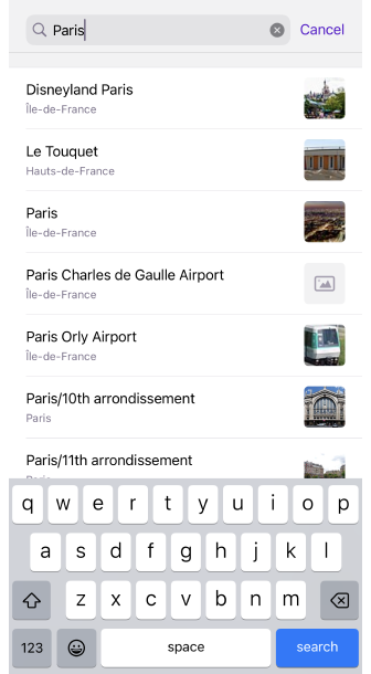 Menu de recherche des guides de voyage
