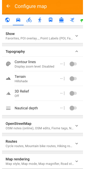 Menu Configura mappa profilo Android
