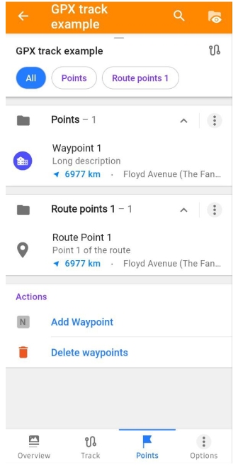 Menu contestuale della traccia Punti Android
