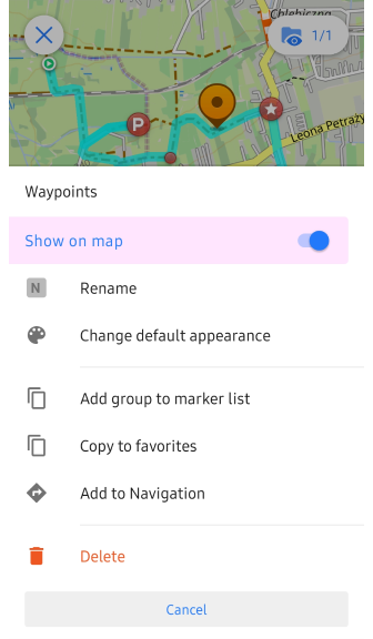 Menu gruppo traccia Android