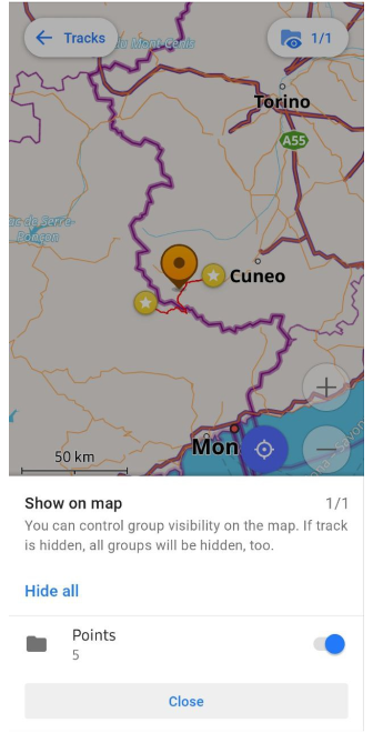 Menu traccia Mappa gruppo Android
