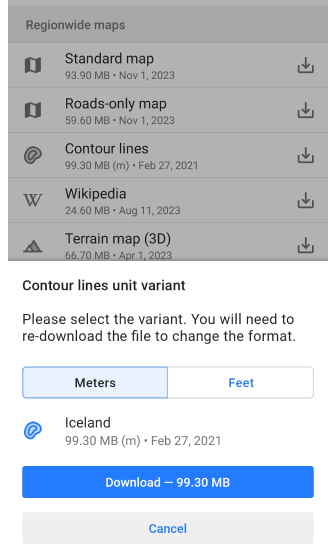 Okno dialogowe pobierania warstwic Android