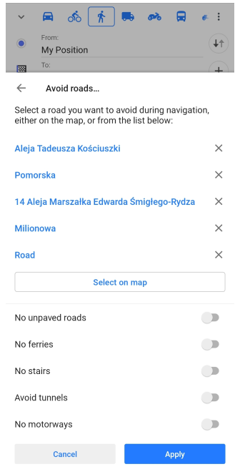 Меню &quot;Уникати доріг&quot; Android