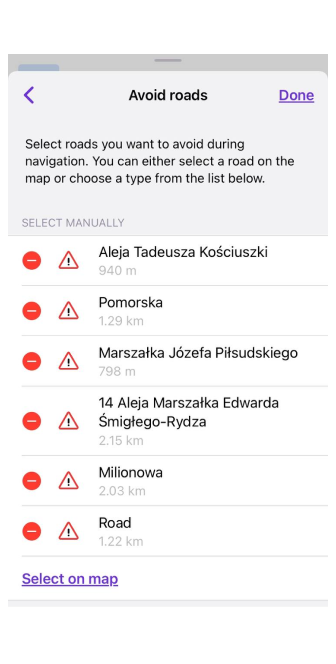 Меню &quot;Уникати доріг&quot; iOS